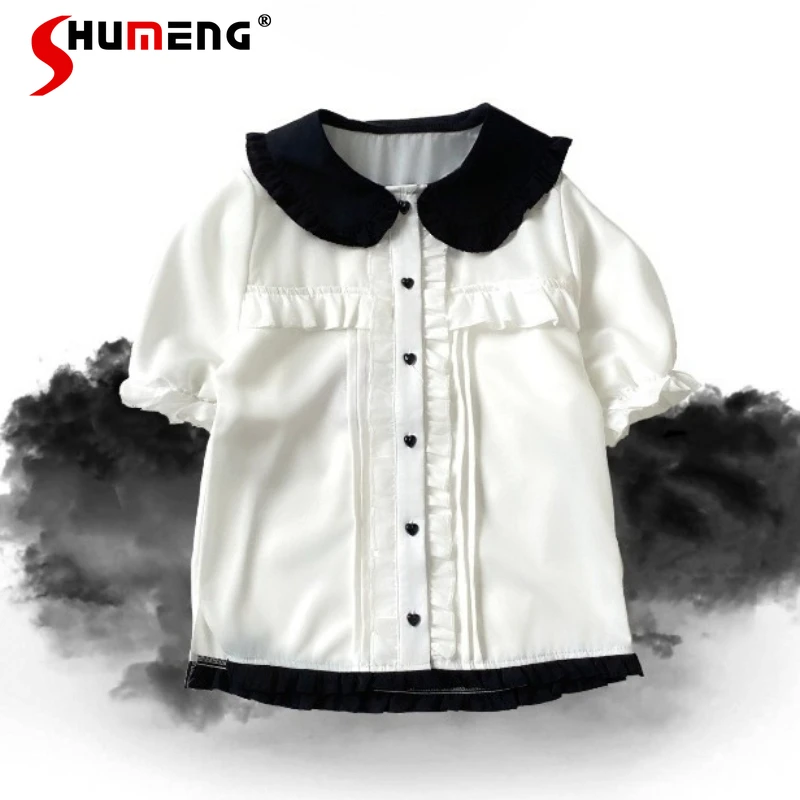 

Lolita Black White Gothic Lace Trim Shirt Heart Button Short Sleeves Top Japanese Cute Sweet Slim Fit All Match Blouse For Girls
