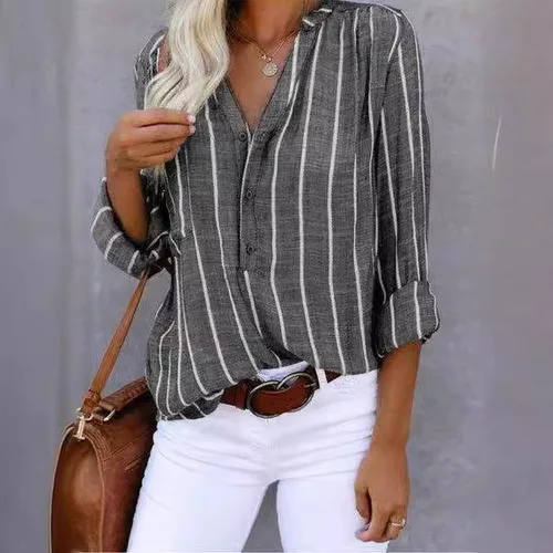 Imagen 2 del producto Camiseta cómoda para ir al trabajo a rayas con estampado clásico, sencilla, a la moda, Top de verano, camiseta con cuello en V a rayas para mujer
