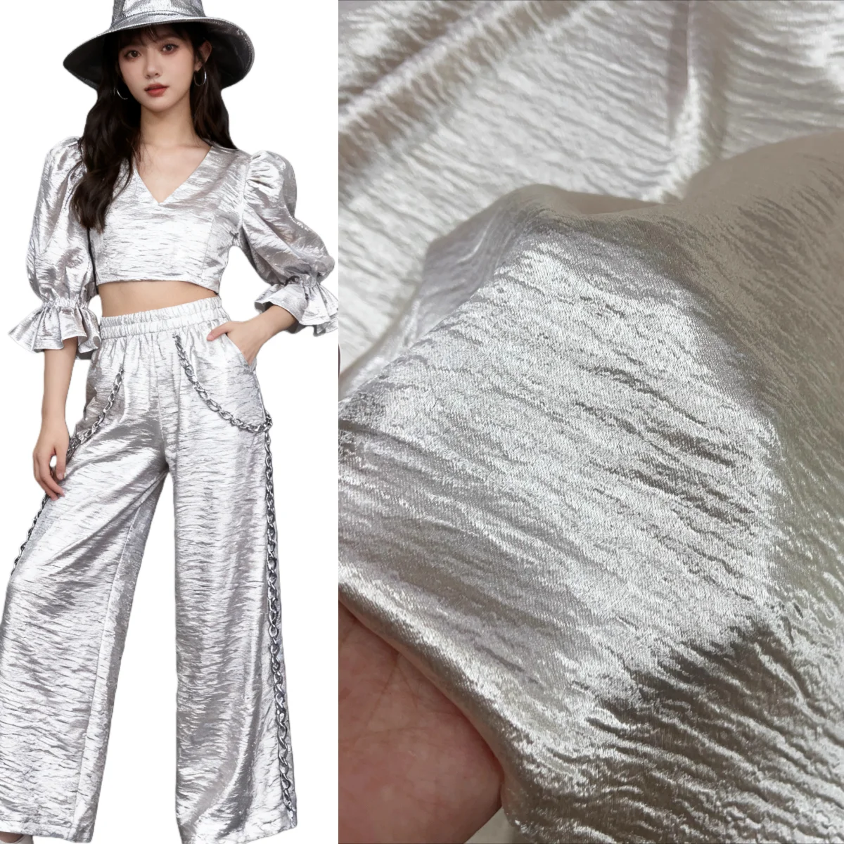 

Light apricot water ripple texture imitates acetic acid satin drape wrinkle resistant soft fabric sewn top pants dress fabric