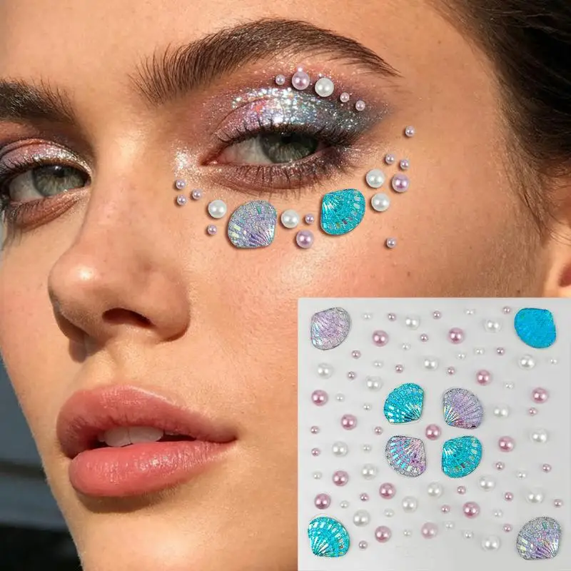 1 Blatt glitzernde Meerjungfrauen-Strass-Temporäre Tattoos, 3D-Traum-Muschel-Perlen-Gesichtsaufkleber, DIY-Körperkunst-Bühnen-Make-up-Tool – Detail 7
