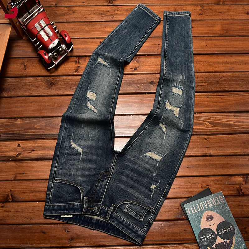 High-End Trendy Men's Jeans with Rips and Patches, Stretchy Fashionable Korean Style Slim Fit Blue Long Pants