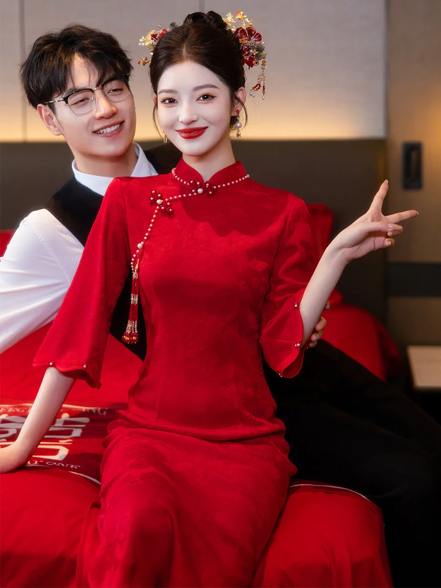 

Red Wedding Qipao Ele Long Sve Women's Dr for Wedding Ceremony And Return Home ter Marriage New Chinese...