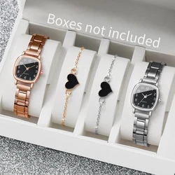 4PCS/Set Fashion Casual Women Stainless Steel Strap Square Dial Quartz Watch with Heart-shaped Bracelets (Box not Included）