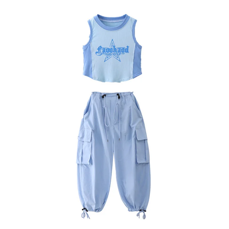 Mädchen Hip Hop Tanz Kostüm Kinder Blau Ärmelloses Top Jogger Hosen Kinder Jazz Street Performance Kleidung Sets