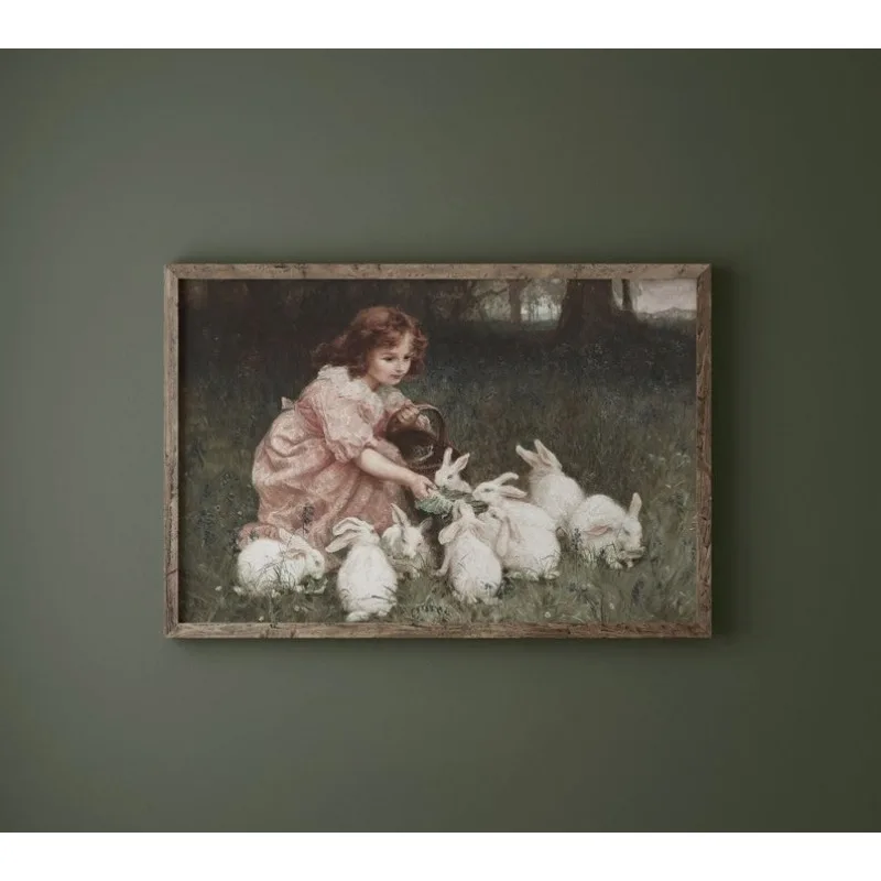 Little Girl Feeding Bunnies Painting | Girl in Field with Rabbits | Easter Print | Vintage Nursery Decor Frameless Canvas Poster