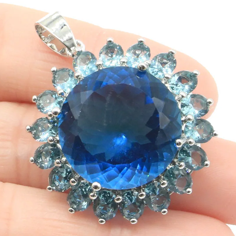 

40x31mm Big Gemstone 21g Pink Kunzite London Blue Topaz Women Dating Silver Pendant