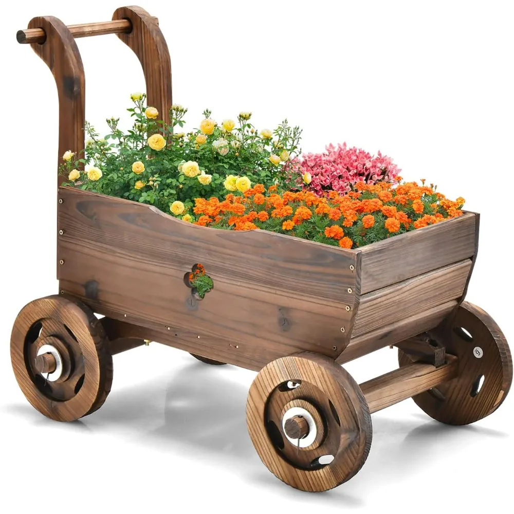 

Wagon Flower Planter Cart, 4-Wheel Wood Garden Wagon Decor with 2 Drainage Holes, Movable Flowerpot Holder Stand, Indoor