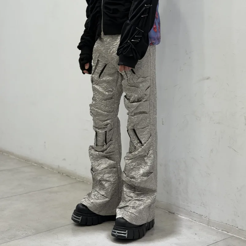 HKSH Spring New American Safari Style Multi-Pockets Distressed Silver Wide-Leg Casual Pants High Street Fashion Punk Y2K HK24147