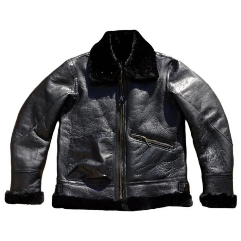 Black Winter Shearling Jacket Men Retro Style Plus Size 5XL Genuine Natural Soft Sheepskin Turn-Down Collar Warm Flight Coat
