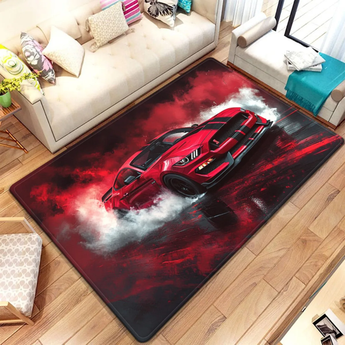 Red Sports Car Rug – High-Speed Racing Art Design, Dynamic Floor Mat for Living Room & Man Cave Decor