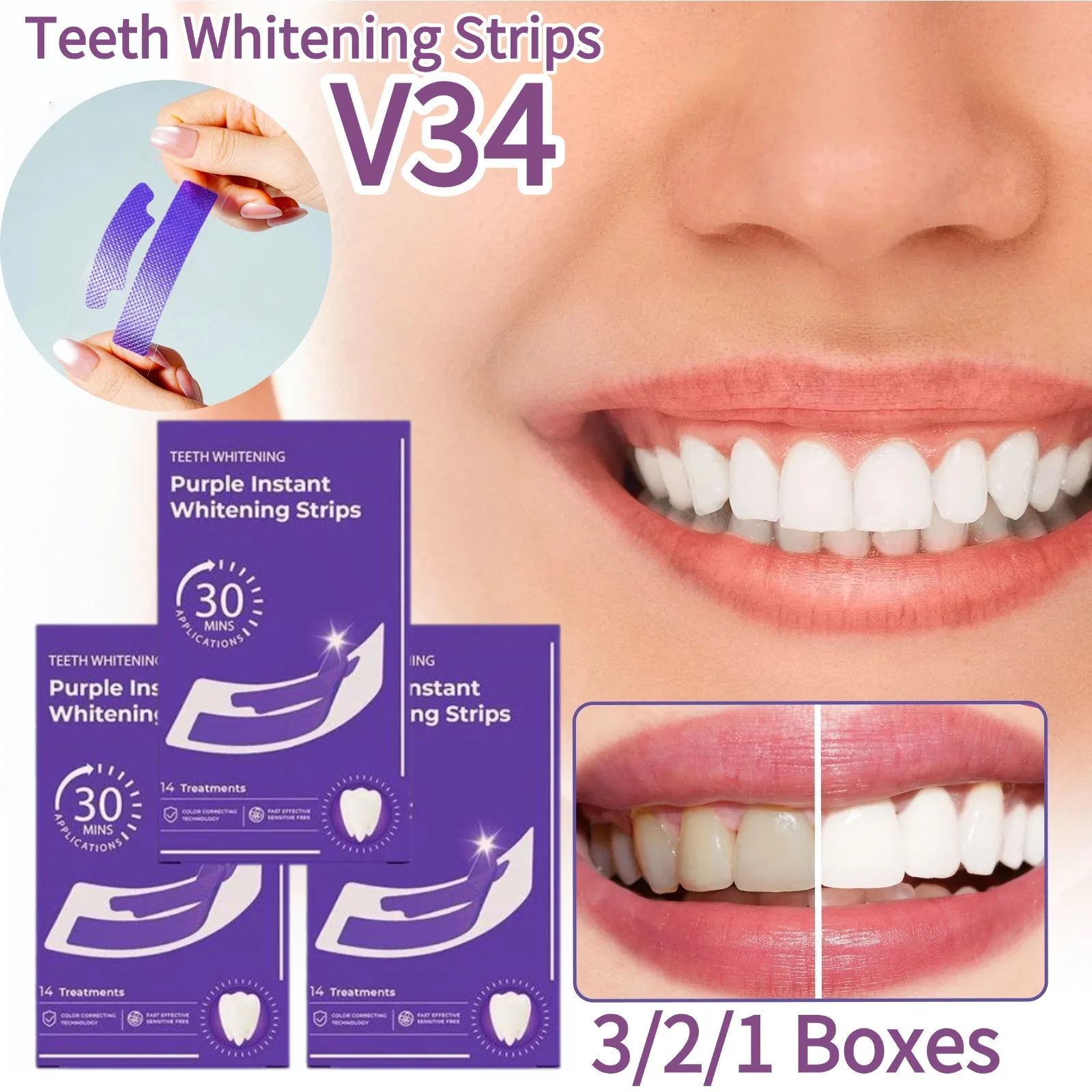 

3/2/1 Boxes V34 Remove Yellow&Brightening Teeth Stickers Purple Essence Teeth Whitening Strips Fresh Breath Teeth Whiten Product