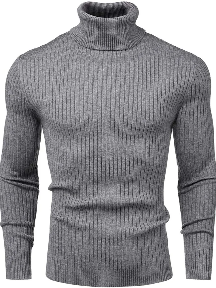 Men Slim Stretch Ribbed Turtleneck Knit Sweater Solid Color Long Sleeve Warm Basic Pullover Multi Colors