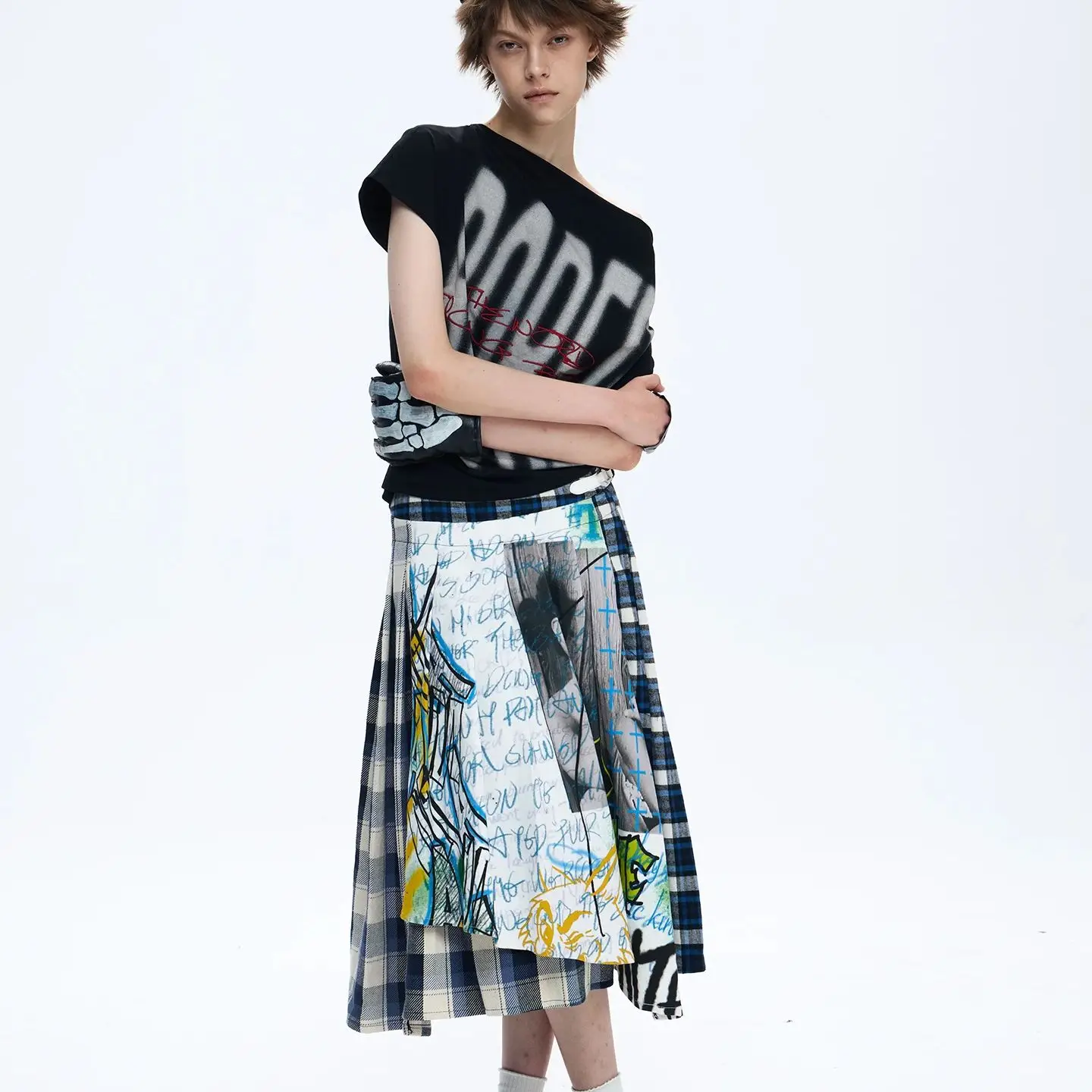 موضة جديدة غير النظامية اللوحة تنورة طويلة المرأة المرقعة منقوشة الكتابة على الجدران عادية ألف خط الرجعية التنانير غير رسمية Y2k الشارع الشهير