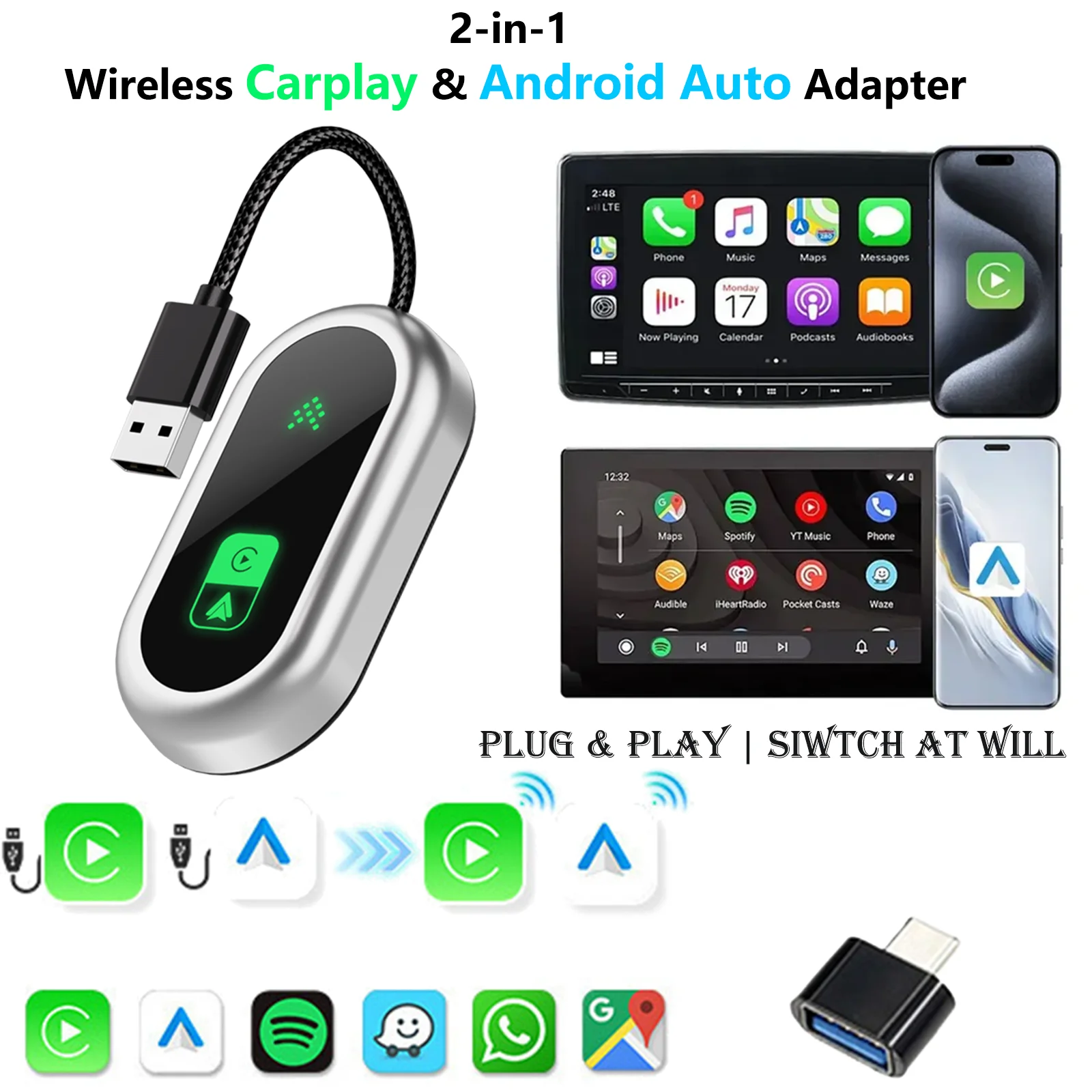 

Беспроводной адаптер 2-в-1 для Android Auto и CarPlay: умный AI-конвертер для автомобилей с проводным Android Auto / CarPlay