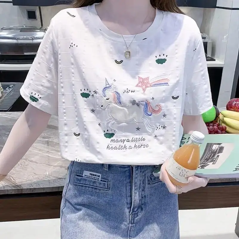 Women\'s T-shirt 2023 Round Neck Loose Fitting Short Sleeve Summer New Embroidered Printed Letter Pattern Fashion Casual Tops