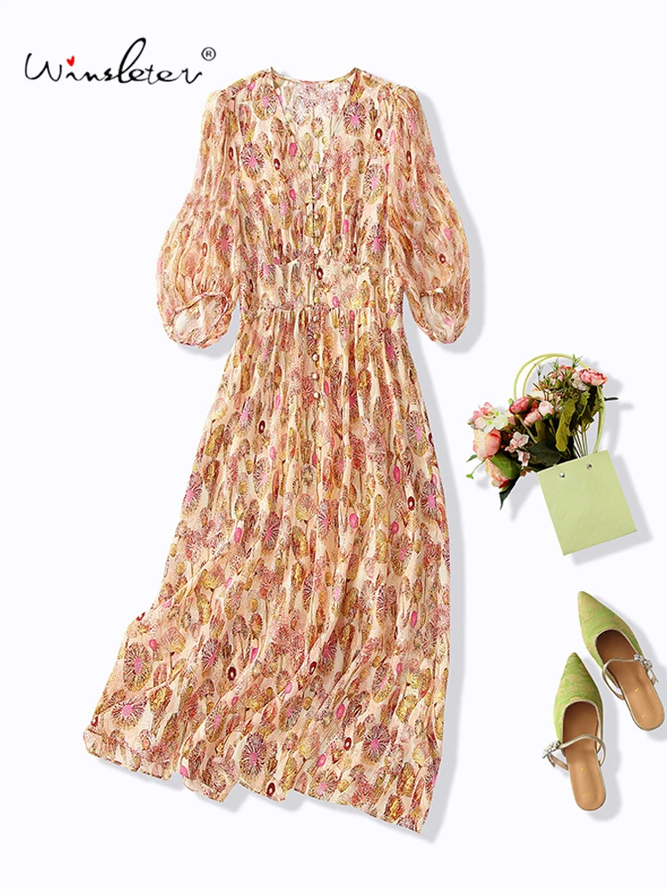 

Winsleter-Women's 100%Real Silk Elegant Dress, V Neck Half Sleeve Printed, French Retro Commute Dresses, 2025 Summer D56840CC
