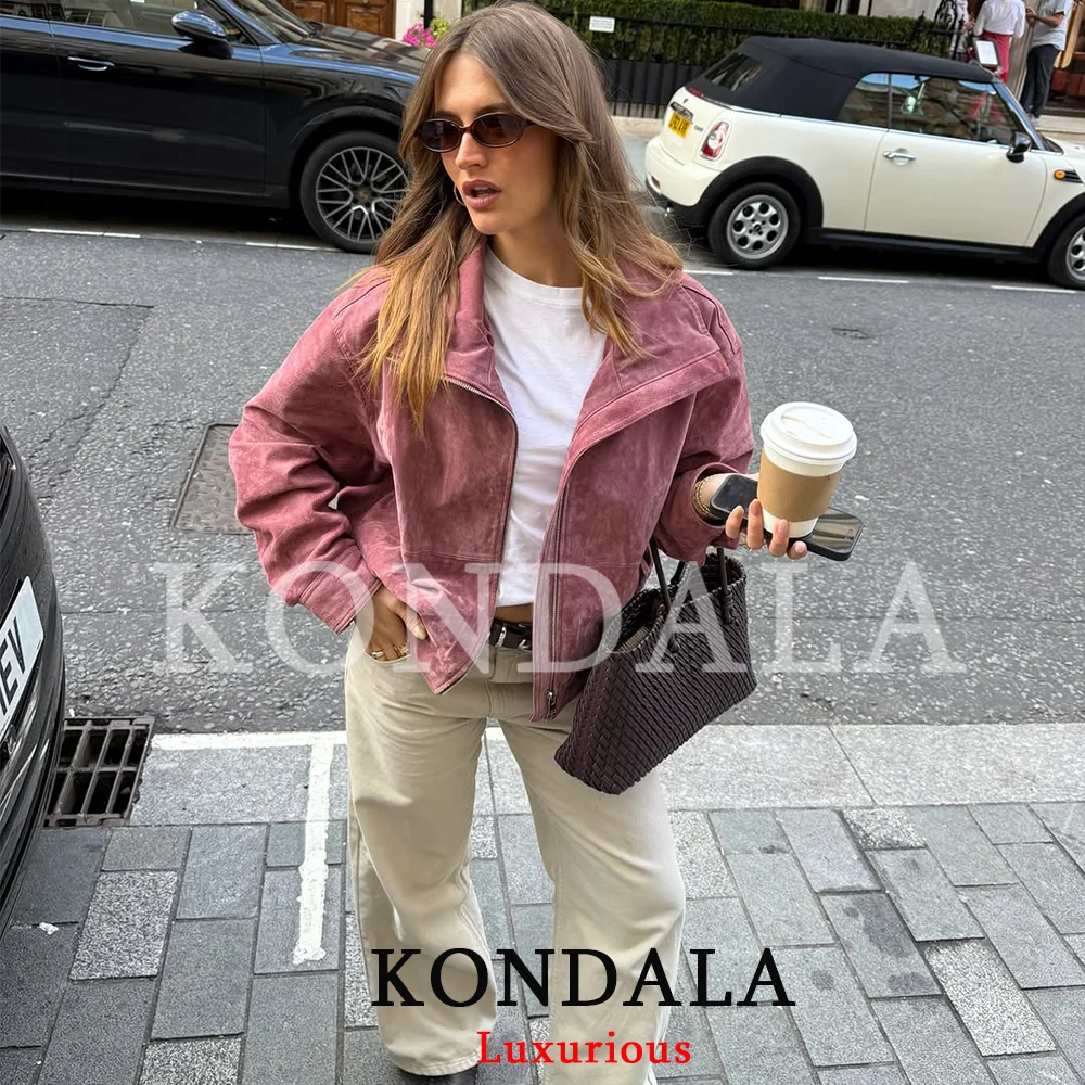 KONDALA Lässige, schicke Wildleder-Bomberjacke für Damen, langärmelig, mit Reißverschluss, Stehkragen, Damenmantel, Herbst/Winter, mit Taschen, Streetwear-Jacke – Detail 2