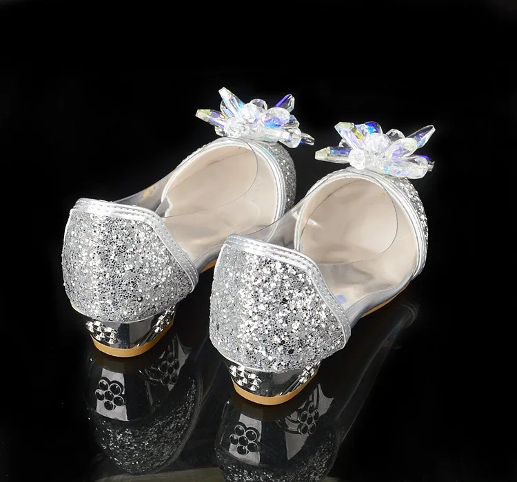 Kids High Heels Girls Leather Shoes Diamond Flower Casual Pink Glitter Children Dance Party Shoes 2024 Girls Transparent Sandals