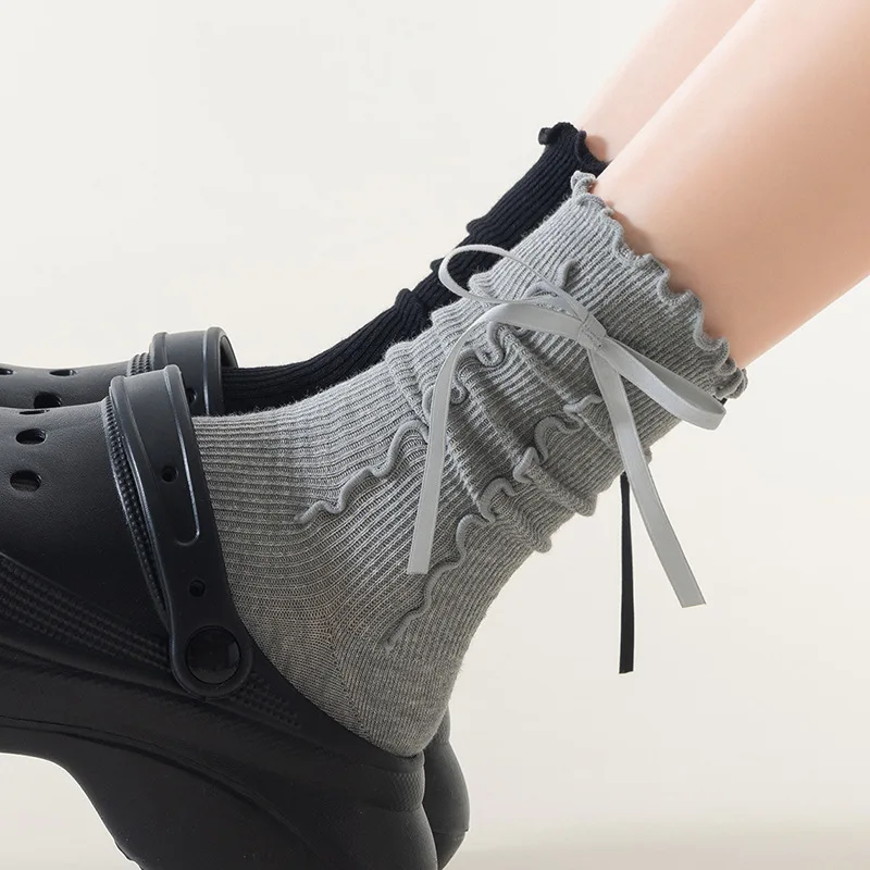 

Носки с рюшами и бантом, хлопковые простые влагоотводящие дышащие носки до середины икры, эластичные носки, простые в тон