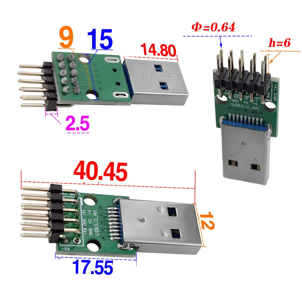 10pcs USB 3.0 male to Dip adapter 2.54mm male female plug single type PCB converter data test version