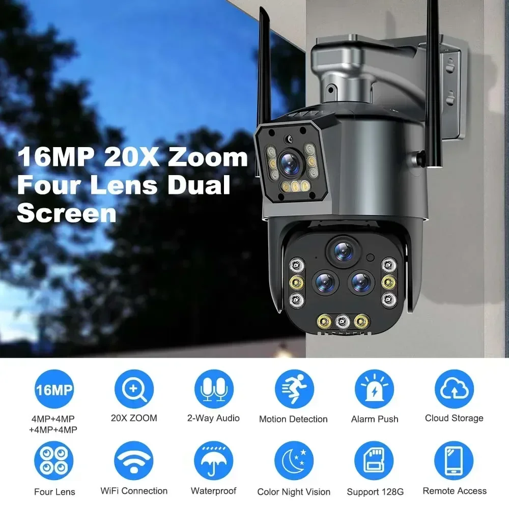 Kamera CCTV pintar, kamera keamanan luar ruangan, nirkabel, empat lensa, kamera CCTV 16MP WiFi IP, 20X Zoom PTZ