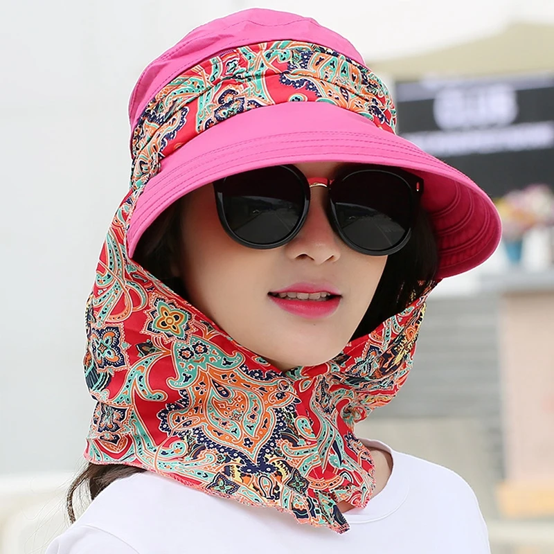 Women Anti-UV Sun Hat Beach Foldable Sunscreen Floral Print Caps Neck Face Care Wide Brim Hat New Summer Outdoor Riding