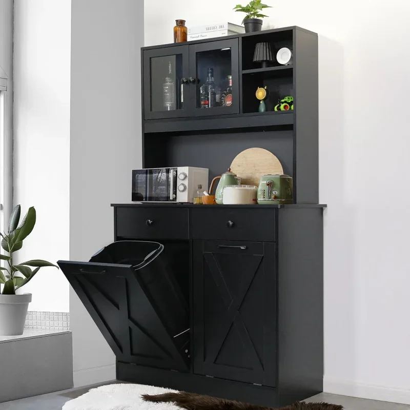 Dual Tilt Out Trash & Storage Cabinet, Kitchen Sideboard Cupboard W/Pet Proof 10X2 Gal Hidden Garbage Holder, Freestand Laundry