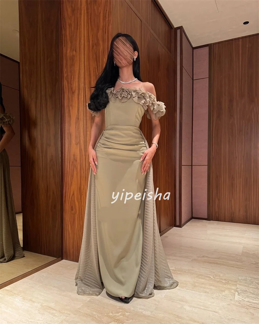 تخصيص أزياء معقدة جيرسي اليدوية زهرة الطية حورية البحر خارج على الكتف فساتين طويلة مخصصة فساتين المناسبات الرسمية