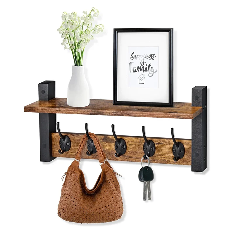 رف حائط عائم مع خطافات معطف مثبت على الحائط بما في ذلك 5 رفوف خطافات شديدة التحمل