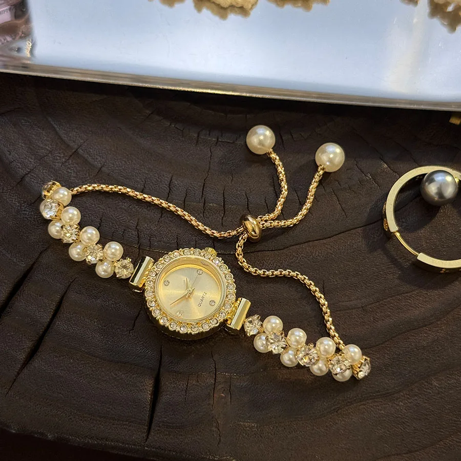 صف مزدوج لؤلؤة مرصعة بالألماس سحب حبل سوار المرأة ساعة كوارتز رومانسية SweetStyle موضة فاخرة ساعة اليد المتخصصة