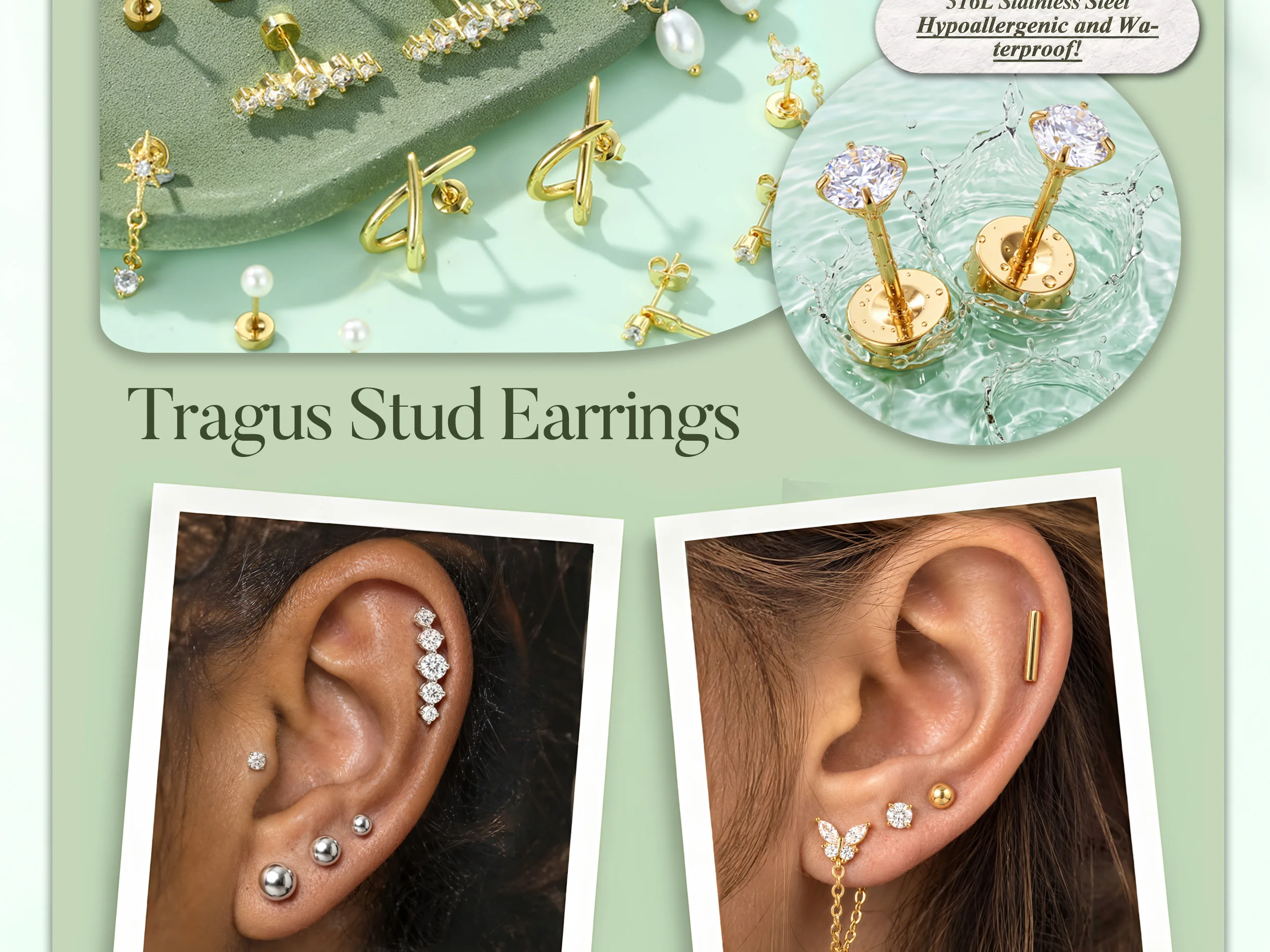 Drperfect 1 Paar hypoallergene flache Ohrringe für Damen, aus chirurgischem Stahl, für Knorpel, Tragus, Conch, Helix, Piercing-Schmuck – Detail 4