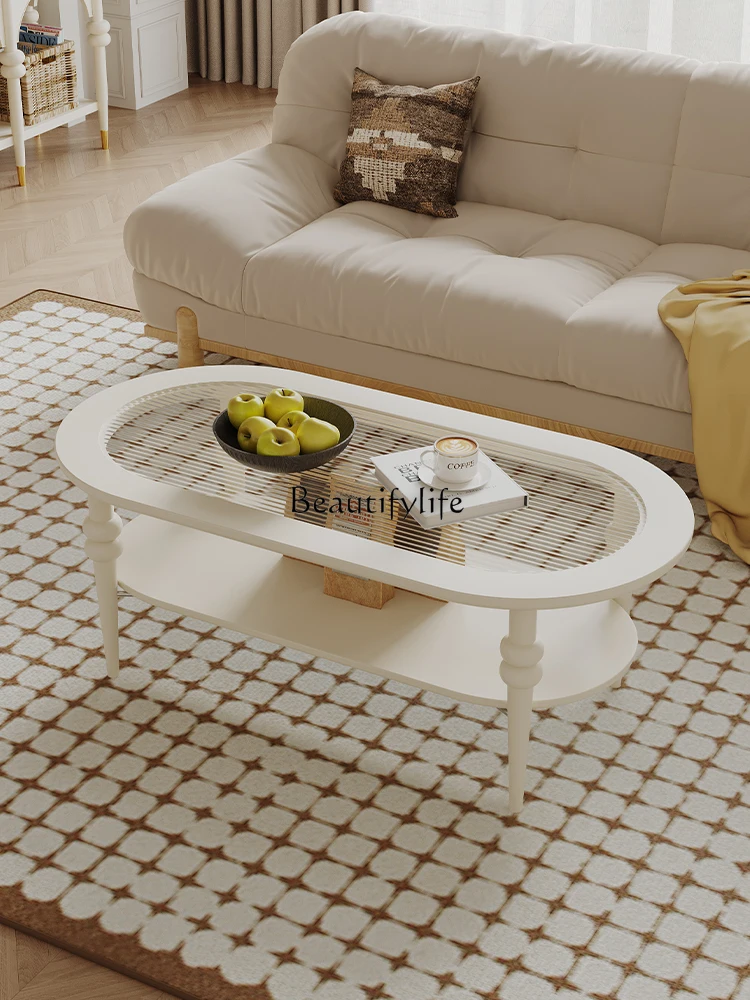 French Cream Style Oval Coffee Table Household Solid Wood Changhong Glass Tea Table Combination