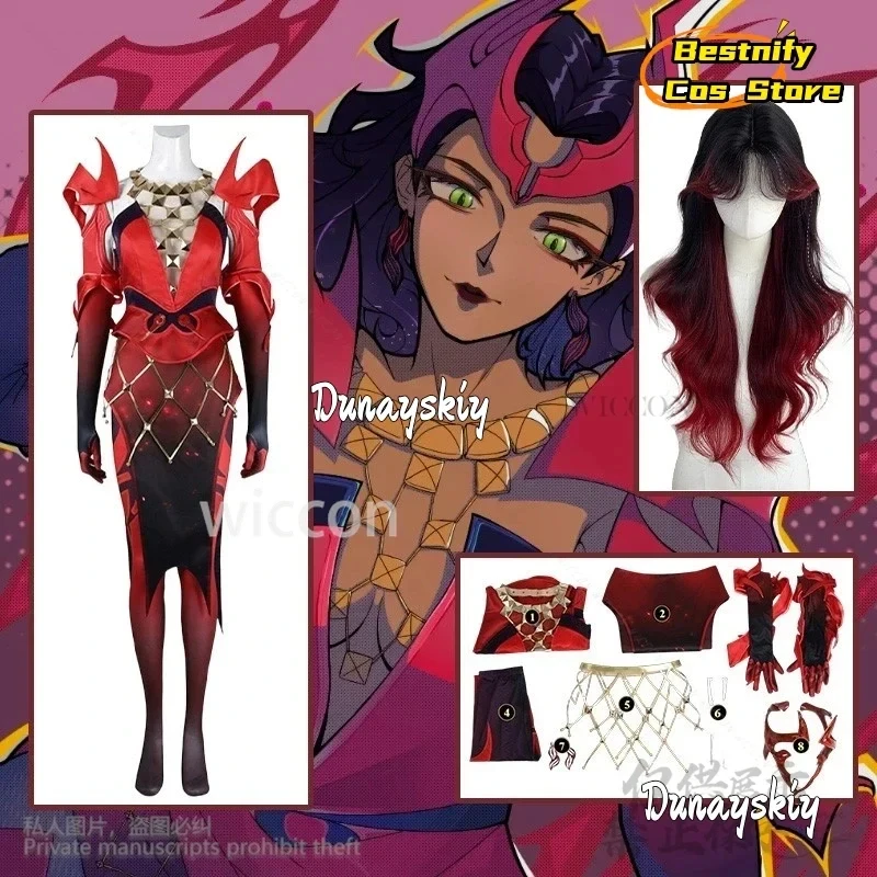 

ABC123CosplayAnime Game Rivals Cosplay Witch Red To Black Gradient Wigs Sexy Jumpsuit Halloween Party Punk Y2K Bodysui3'd,5;h.9/