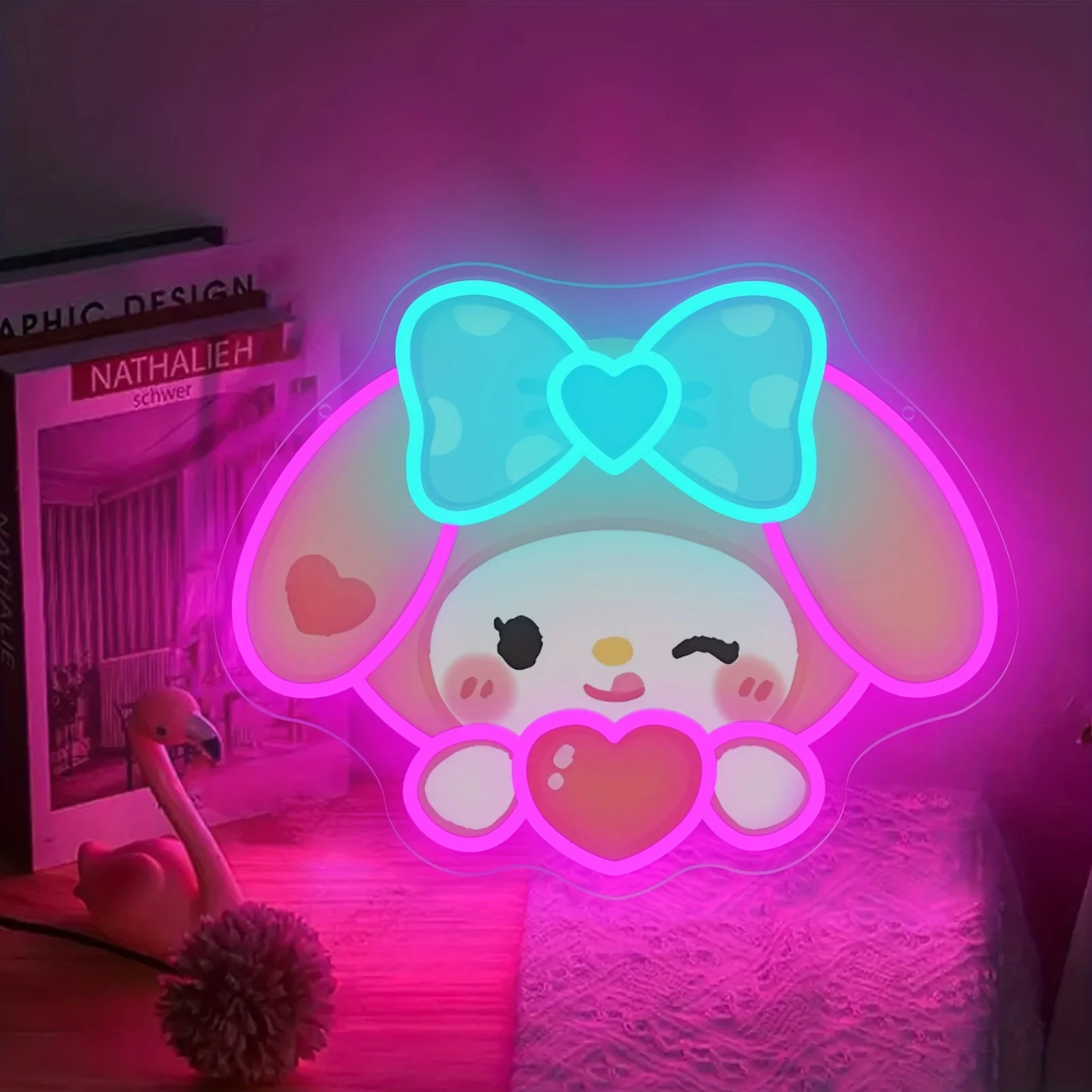 

Неоновая вывеска My Melody в форме сердца, светодиодный неоновый светильник с диммером, USB, для спальни, клуба, игровой комнаты, домашнего декора, подарок на день рождения для фанатов аниме