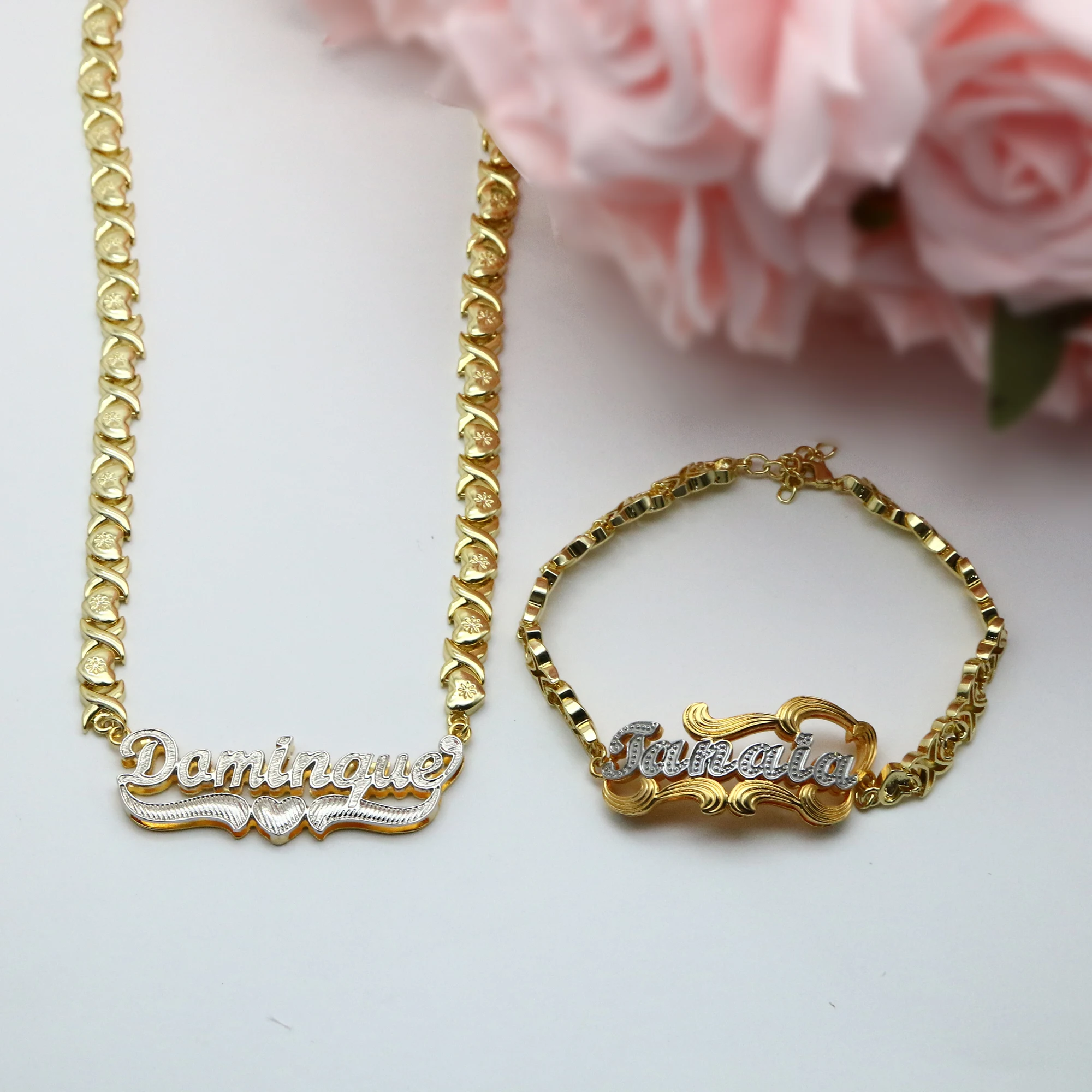 DUOYING XOXO Chain Necklace Bubble Pendant Necklace Two-tone Color Plated Bracelet Custom Name Earring Jewelry Set