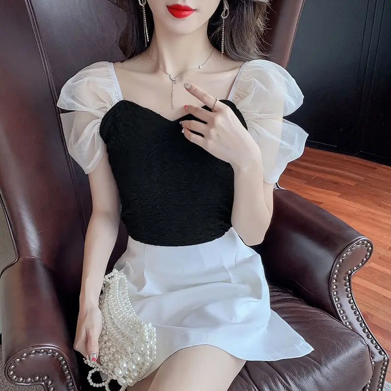 Blouses Women Patchwork Creativity Seductive Modern Simple Sweet All-match Summer Korean Style Ladies Leisure Daily Sexy Chic