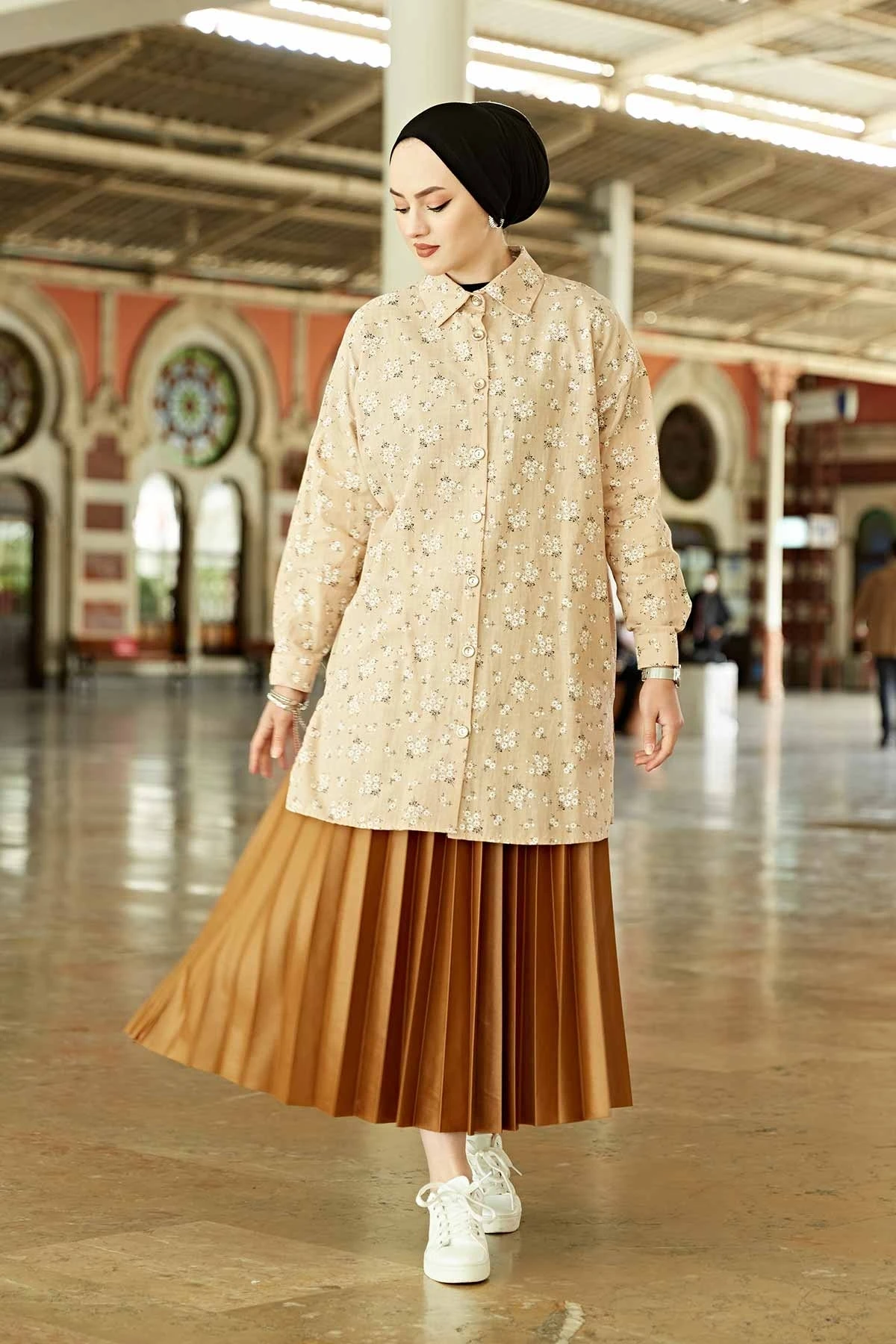 Crispy Patterned Shirt MD-Beige Winter Autumn 2021 Muslim Women Hijab headscarf islamic Turkey