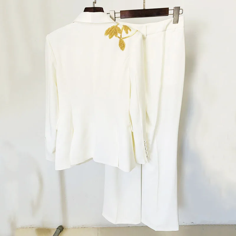 HKSH Primavera Estate Nuove Donne Ins Moda Casual Ricamato Flares Slim Fit Blazer Tinta Unita Pantaloni Svasati Set a Due Pezzi HK6016