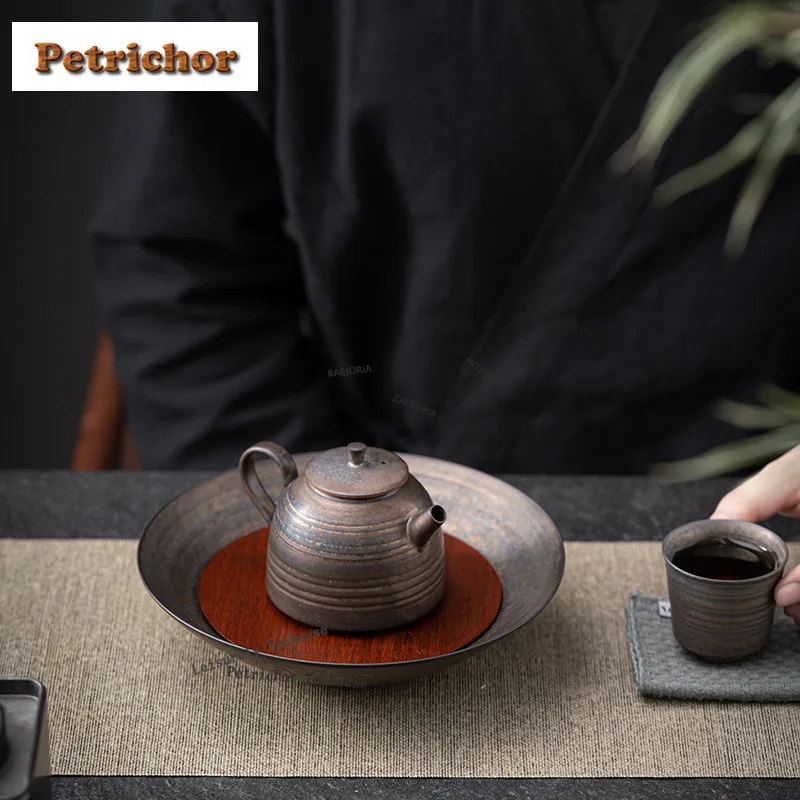 HOYIHM Iron-glazed Ebony Wood Pot Bearing Holder Teaware Tray Dry Bubble Table Tea Tray Coasters Tea Items Decoration