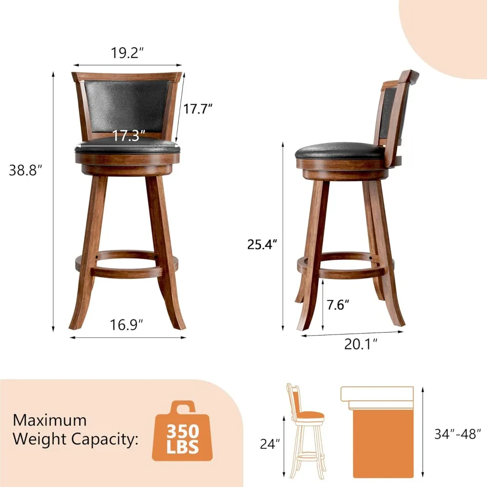 Set of 2 24 High Swivel Bar Stools with Backrest and Faux Leather Seat for Kitchen Island