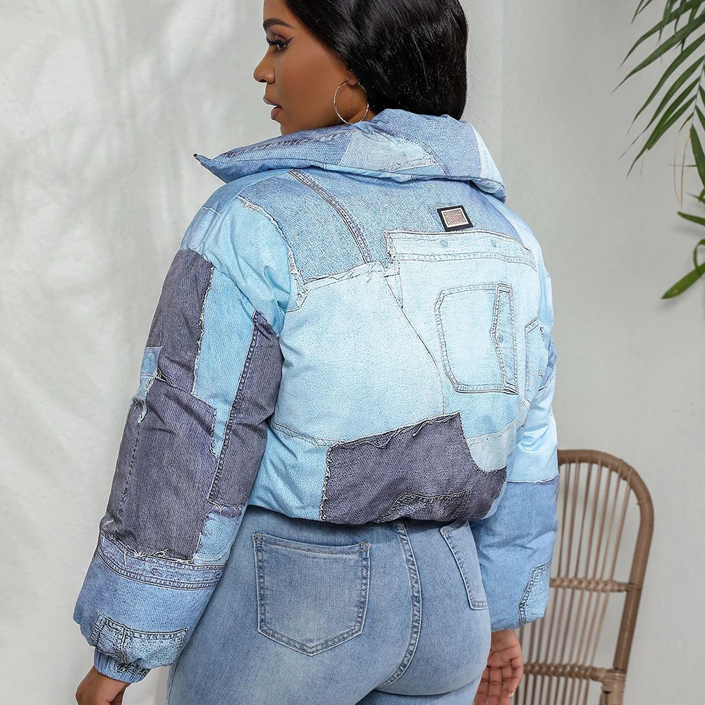 Denim Print Puffer Jacket Women Thick Stand Collar Zipper Cropped Cotton Coats Winter Chic Ladies Outerwear Patchwork Parkas