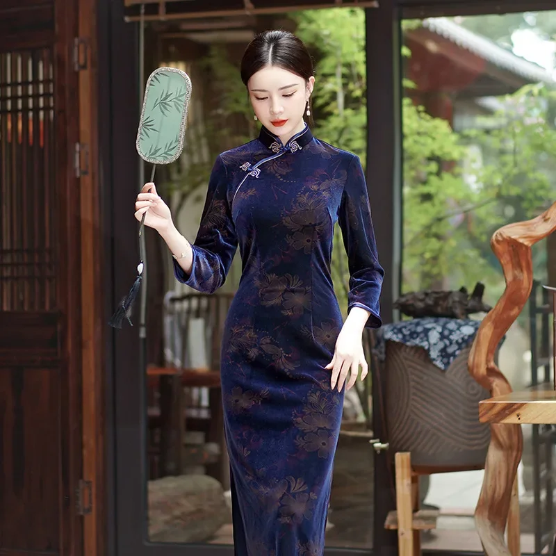 

Женское флокированное платье Cheongsam, улучшенное зимнее платье больших размеров, вечерние платья в китайском стиле, длинный костюм Ципао, 4 цвета