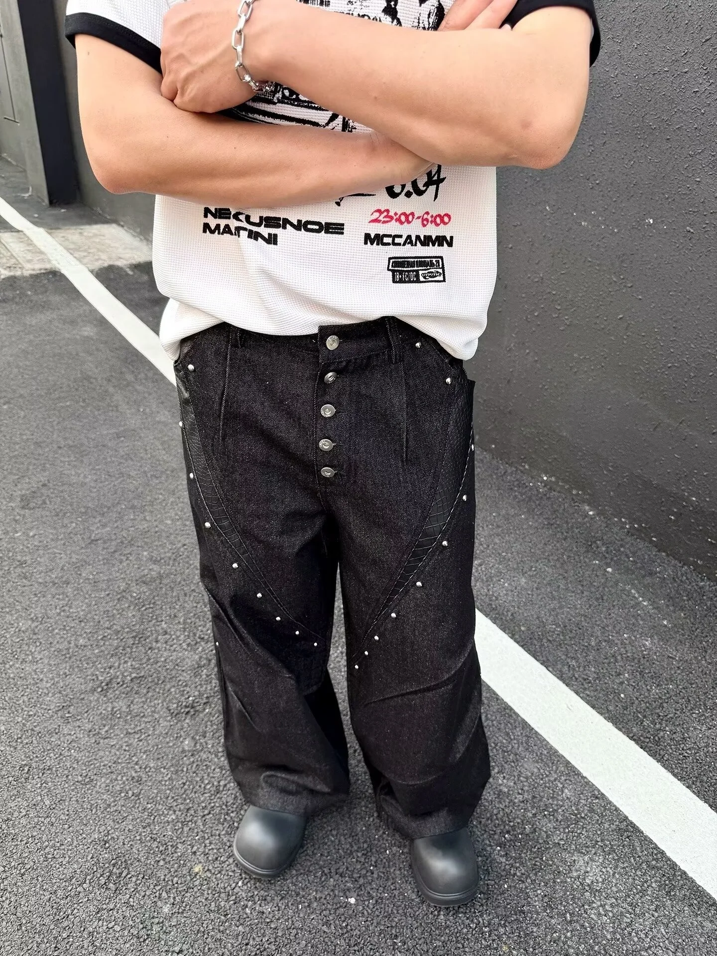 Abibicky Punk Style Rivet Splicing Men's Jeans Trendy Brand Multi-Row Button Deconstructed Design Black Floor-Length Wide Leg...