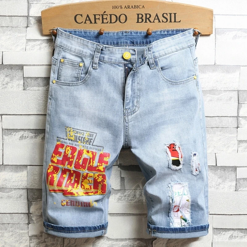 Pantalones cortos de mezclilla para hombre, Pantalones rectos sueltos de gran tamaño, parche rasgado, Jeans estampados bordados a la moda, novedad