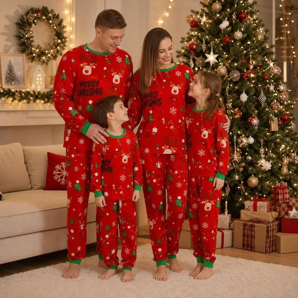 Red Long Sleeve Christmas Pyjamas Set Printed Santa Claus Family Matching Pyjamas Snowflakes Deer Top+Pants Loungewear
