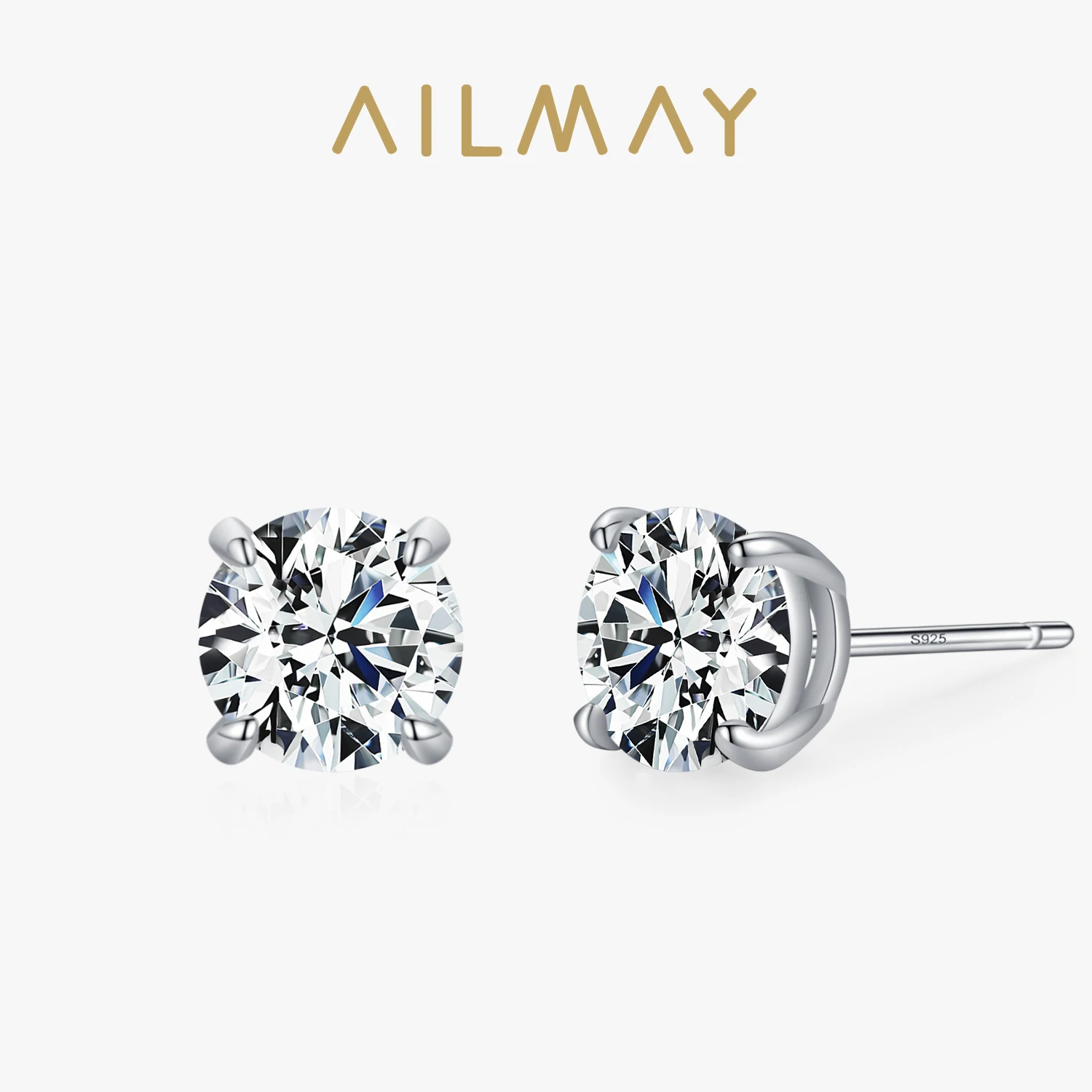 Ailmay Hot Sale Classic 925 Sterling Silver Round Clear Zircon Stud Earrings  For Women Wedding Engagement Fine Female Jewelry