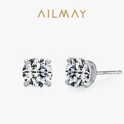 Ailmay Hot Sale Classic 925 Sterling Silver Round Clear Zircon Stud Earrings  For Women Wedding Engagement Fine Female Jewelry