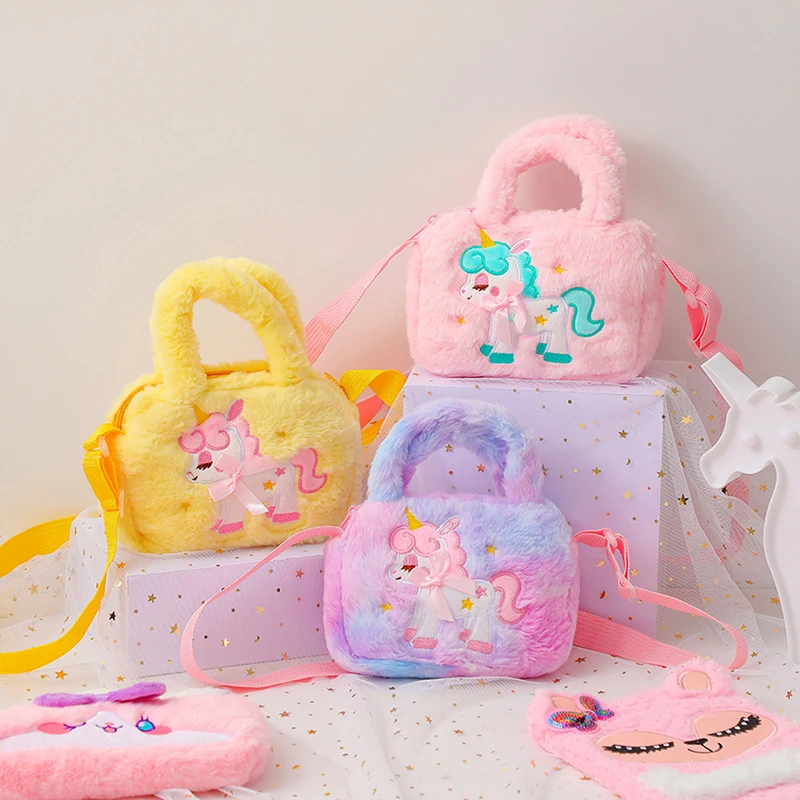 Kinder stickerei Einhorn Plüsch Cross body Geldbörsen und Handtaschen kleine Mädchen Regenbogen flauschige Geldbörse niedlichen Cartoon pelzigen Umhängetasche