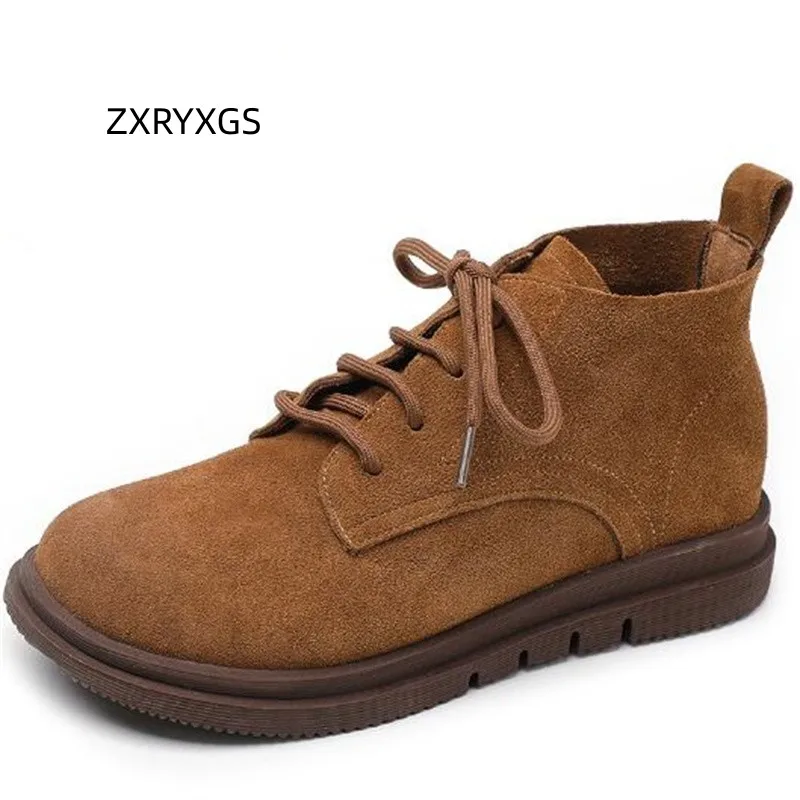 

ZXRYXGS British Style Lace-up Premium Frosted Cowhide Women Leather Boots 2023 Autumn Winter Ankle Boots Flat Large Size Boots