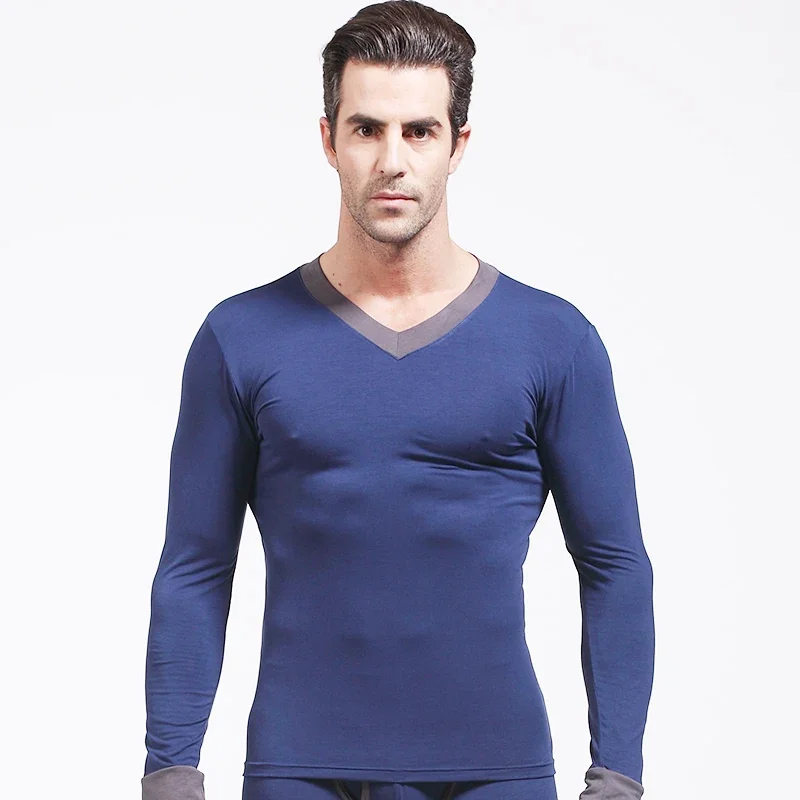 Men's tight-fitting v-collar slim-fitting autumn clothes thin single-piece bottoming shirt, youth warm long-sleeved tops